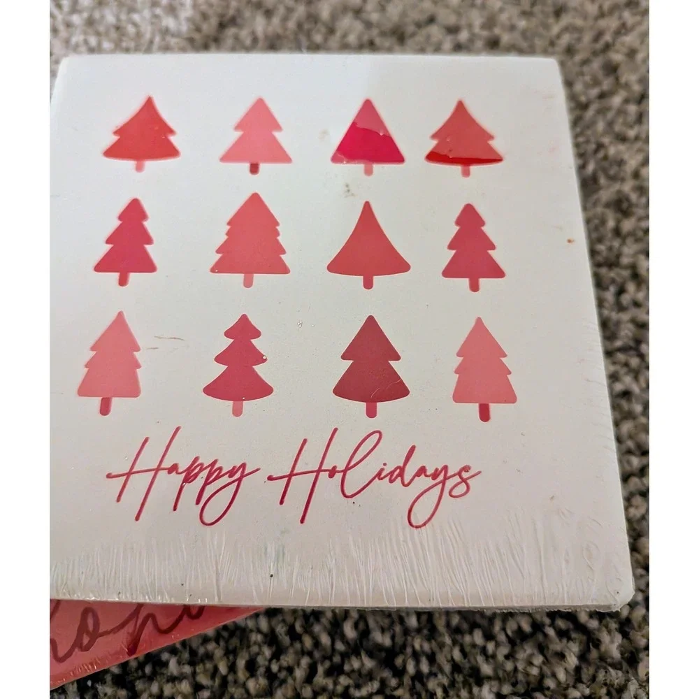 Set of 2- 2pc Cork Backed Coasters Happy Holidays Christmas Trees Pink Red White